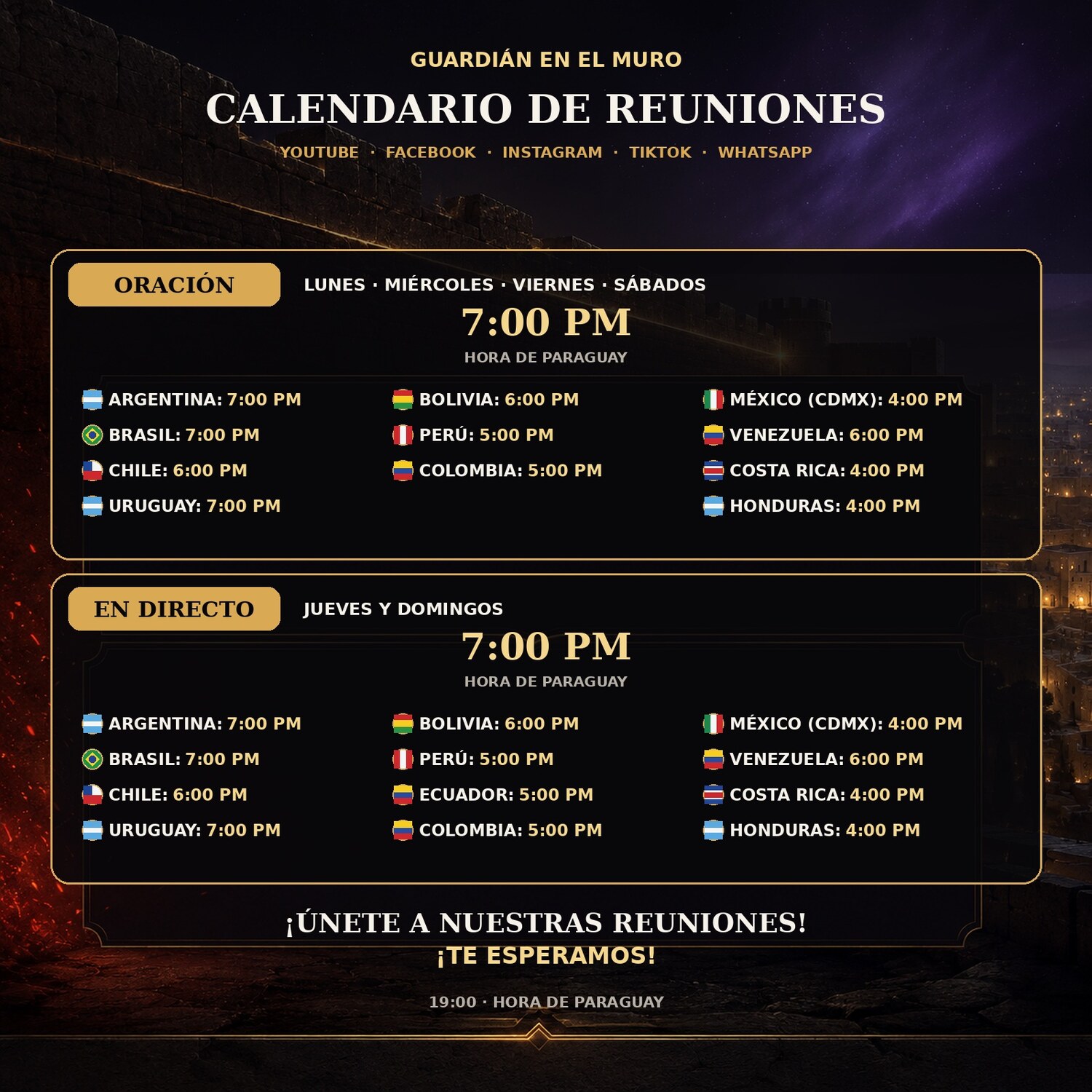 Calendario de reuniones — horarios de oración y transmisiones en directo por país